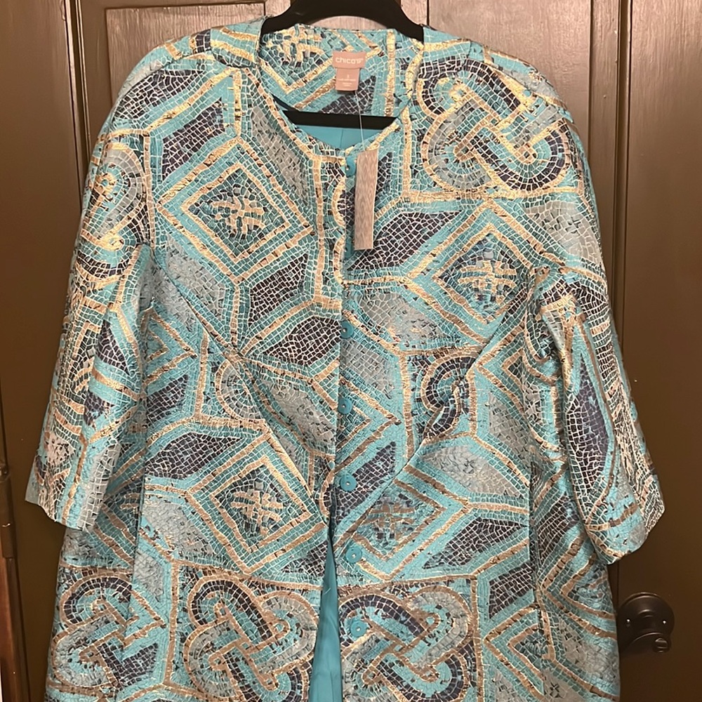 Chico’s Teal and Gold Mosaic Jacket